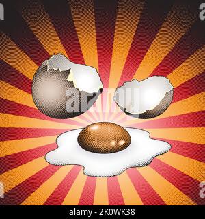 Illustration of Scratchboard Engraved Broken Egg on Striped Background Stock Vector