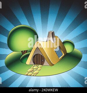 Illustration of Scratchboard Engraved Fairytale House and a Green Garden with Trees and Bushes on Striped Background Stock Vector