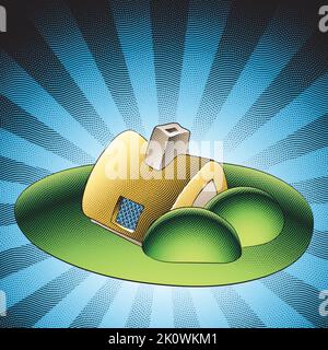 Illustration of Scratchboard Engraved Fairytale House in a Green Garden with Bushes on Striped Background Stock Vector