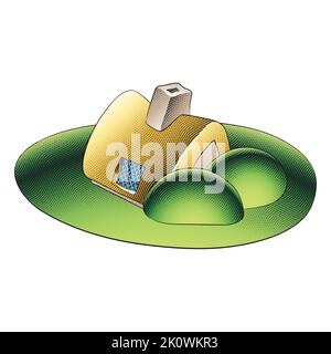 Illustration of Scratchboard Engraved Fairytale House and a Green Garden with Colorful Fill Stock Vector