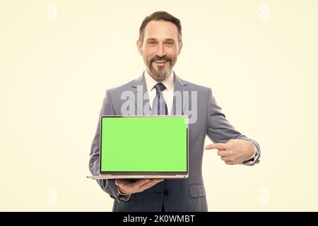 happy office worker pointing finger computer for copy space copy space, video conference. Stock Photo