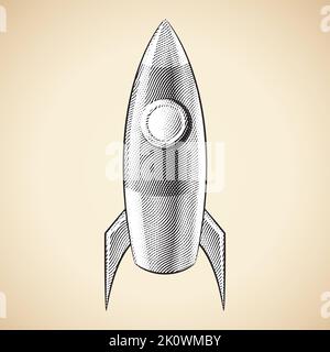 Illustration of Scratchboard Engraved Rocket with White Fill Stock Vector