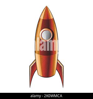 Illustration of Scratchboard Engraved Orange Rocket Over a White Background Stock Vector