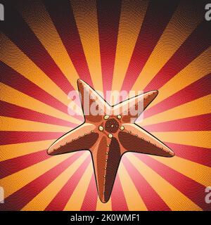 Illustration of Scratchboard Engraved Starfish over a Red Striped Background Stock Vector