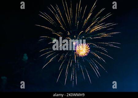 An explosion of bright single fireworks, against the background of the night sky. High quality photo Stock Photo