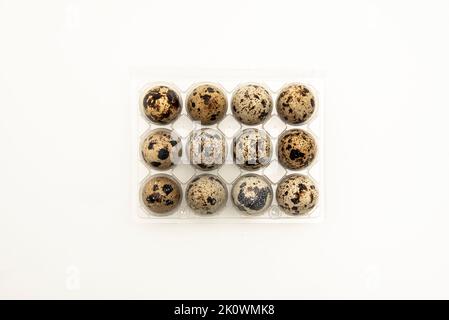 A dozen small quail eggs in a clear plastic container Stock Photo