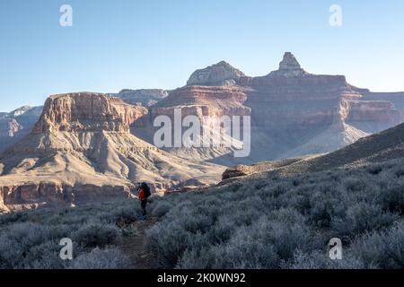 Female Hiker In Grand Canyon Looking Back toward camera Stock Photo