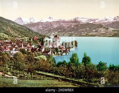 Lake Thun, Oberhofen am Thunersee, Bern, Switzerland 1890. Stock Photo