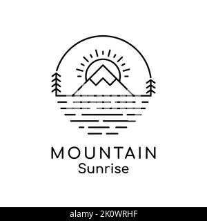 Mountain sunrise line art logo. Linear mountain emblem with a sun, lake and pine trees. Circle shape outdoors symbol. Travel, adventure, nature Vector Stock Vector