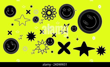 Brutalism acid icons and trendy abstract shapes. y2k and acid styles. Stock Vector