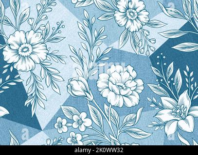 Seamless denim pattern with flowers Stock Vector