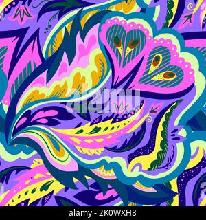 Seamless pattern with floral and plants element in psychedelic funky style in pastel colors Stock Vector