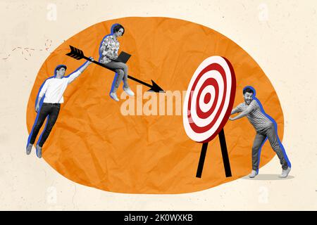Creative photo collage of purposeful team people achieve goals work deadline arrow target darts isolated on white color background Stock Photo