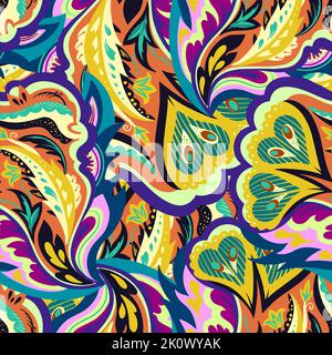 Seamless pattern with floral and plants element in psychedelic funky style in pastel colors Stock Vector