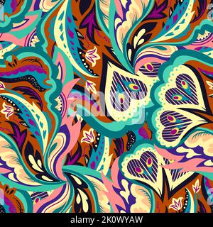 Seamless pattern with floral and plants element in psychedelic funky style in pastel colors Stock Vector