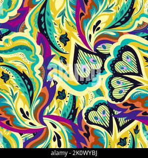 Seamless pattern with floral and plants element in psychedelic funky style in pastel colors Stock Vector