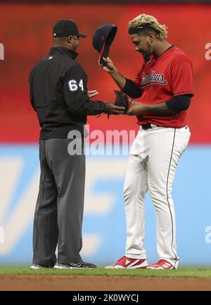 Cleveland, USA. 21st Apr, 2022. Cleveland Guardians Austin Hedges (17)  shakes hands with closer Emmanuel Clase (48) after defeating the Chicago  White Sox at Progressive Field in Cleveland, Ohio on Thursday, April