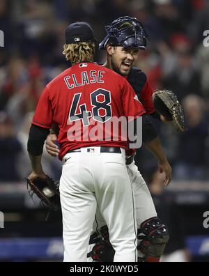 Cleveland, United States. 13th Sep, 2022. Cleveland Guardians closer Emmanuel Clase (48) celebrates with catcher Luke Maile (12)after defeating the Los Angeles Angels 3-1 at Progressive Field in Cleveland, Ohio on Tuesday, September 13, 2022. Photo by Aaron Josefczyk/UPI Credit: UPI/Alamy Live News Stock Photo