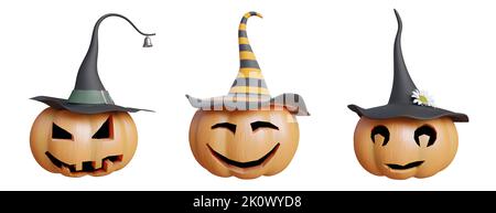 Set of three cute Halloween pumpkins isolated on white. 3D image Stock Photo