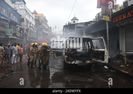 Kolkata, India. 13th Sep, 2022. Integrants of the Bharatiya Janata Party take part during a protest. BJP Demonstrators confront Police Personals and also torched a Kolkata Police Vehicle during the riots. on September 13, 2022 in Kolkata, India. (Credit Image: © Sukhomoy  Sen Eyepix Group/eyepix via ZUMA Press Wire) Credit: ZUMA Press, Inc./Alamy Live News Stock Photo