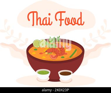 Traditional Thailand Food Template Cartoon Hand Drawn Illustration Various of Thai Cuisine Design Stock Vector