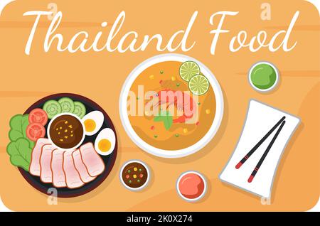 Traditional Thailand Food Template Cartoon Hand Drawn Illustration Various of Thai Cuisine Design Stock Vector