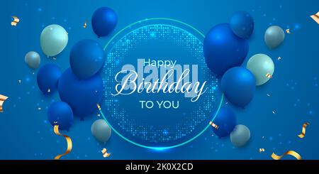 Happy Birthday background with blue 3d realistic floating glossy balloons Stock Vector