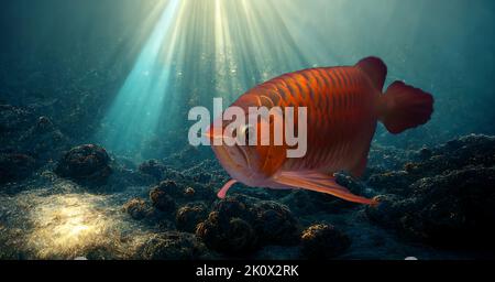 Asian red arowana fish in river. Arowana swim in freshwater aquarium. Stock Photo