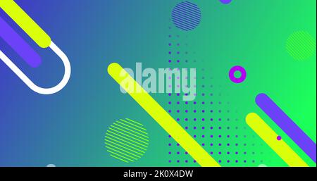 Image of glowing multiple multi coloured vibrant abstract shapes moving in hypnotic motion in seamless loop on gradient green background. Colour and m Stock Photo