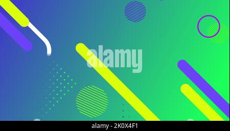 Image of glowing multiple multi coloured vibrant abstract shapes moving in hypnotic motion in seamless loop on gradient green background. Colour and m Stock Photo