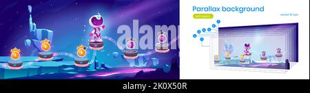 Parallax background of game level map with little astronaut and platforms with numbers of stages. Futuristic alien planet surface and cute spaceman, vector cartoon illustration ready for animation Stock Vector