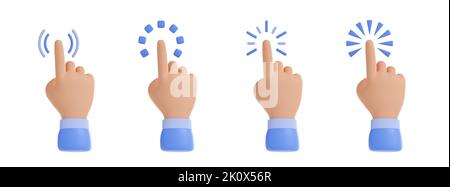 3D illustration set of hand pointer cursors isolated on white background. Collection of human finger icons with different touch or click effects. Bundle of user interface elements for software website Stock Photo