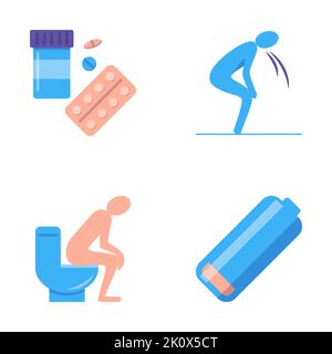 Stomach problems icon set in flat style. Diarrhoeal diseases symptoms - diarrhea, vomiting and fatigue. Vector illustration. Stock Vector