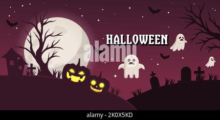 halloween spooky night background illustration with pumpkin, tombstone, ghost, and bats Stock Vector