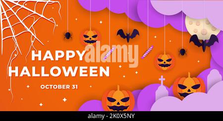 happy halloween in paper cut art banner illustration Stock Vector