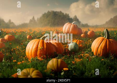 Idyllic autumn scene with field of pumpkins in grass on sunny sky. Thanksgiving and halloween holiday greeting card background. Beautiful season festi Stock Photo