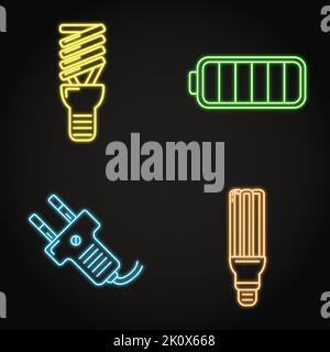 Energy saving neon icon set in line style. Economical lamp, rechargeable battery and electricity plug symbols. Vector illustration. Stock Vector