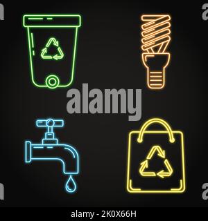 Eco neon icon set in line style. Water economy, energy saving lamp, recycle bin and bag symbols. Vector illustration. Stock Vector