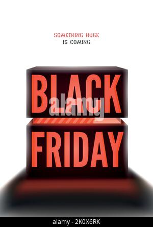 Black friday coming soon vector poster template. Blinding Light illuminating big discounts advert and 3d neon box. Trendy sale offer with text space on white background. Special price banner design Stock Vector