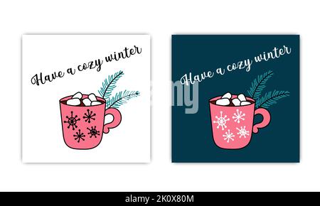 Cozy winter cards set. Mug of hot chocolate with marshmallows and fir twigs. Isolated sweet beverage. Christmas and winter symbol. Vector doodle illus Stock Vector