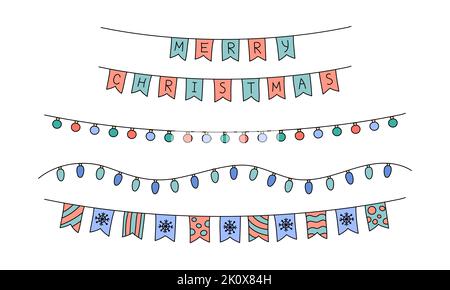 Chrismas garlands and flags vector set. Funny doodles. Outline illustrations of cute isolated festive hanging Christmas decorations, lights, bulbs. Stock Vector