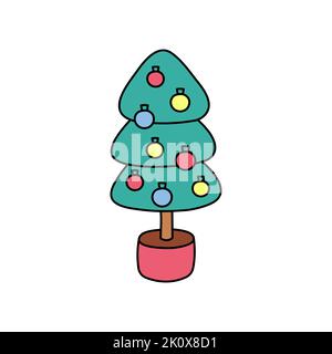 Chrismas tree in pot isolated. Vector illustration of festive decorated doodle little tree. Cute cartoon Christmas symbol. Stock Vector