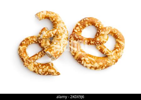 German bread pretzel with baked cheese isolated on the white background. Stock Photo