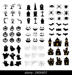 Halloween silhouette set. Collection of halloween icon and element isolated on white background. Stock Vector