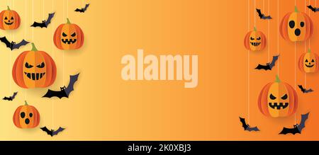 Halloween banner vector. Halloween background with bats and pumpkin in paper cut style. Orange background. Stock Vector