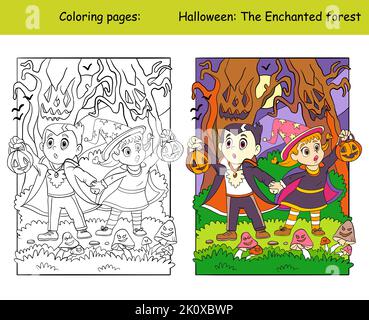 Frightened children in vampire and witch costumes in an enchanted forest. Halloween concept. Kids coloring and color template. Vector cartoon illustra Stock Vector