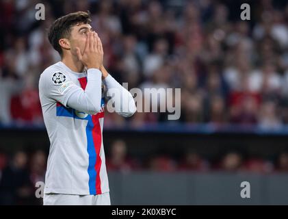 Munich, Germany. 13th Sep, 2022. Soccer: Champions League, Bayern Munich - FC Barcelona, Group Stage, Group C, Matchday 2 at Allianz Arena. Pedri of Barcelona gestures on the pitch. Credit: Sven Hoppe/dpa/Alamy Live News Stock Photo