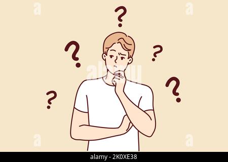 Confused man wondering looking for problem solution. Pensive young guy frustrated with trouble thinking and brainstorming. Vector illustration.  Stock Vector