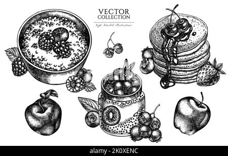 Breakfast vintage illustrations collection. Hand drawn logo designs with pancakes, porridge with berries, chia pudding, raspberry, blueberry Stock Vector