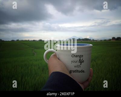 Person holding white cup of coffee or tea in hand with text message - Change your life with gratitude. On gray blue sky over green field background. Stock Photo